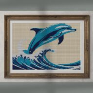 dolphin-jumping-over-wave alternative framed cross stitch mockup, realistic finished embroidery presentation
