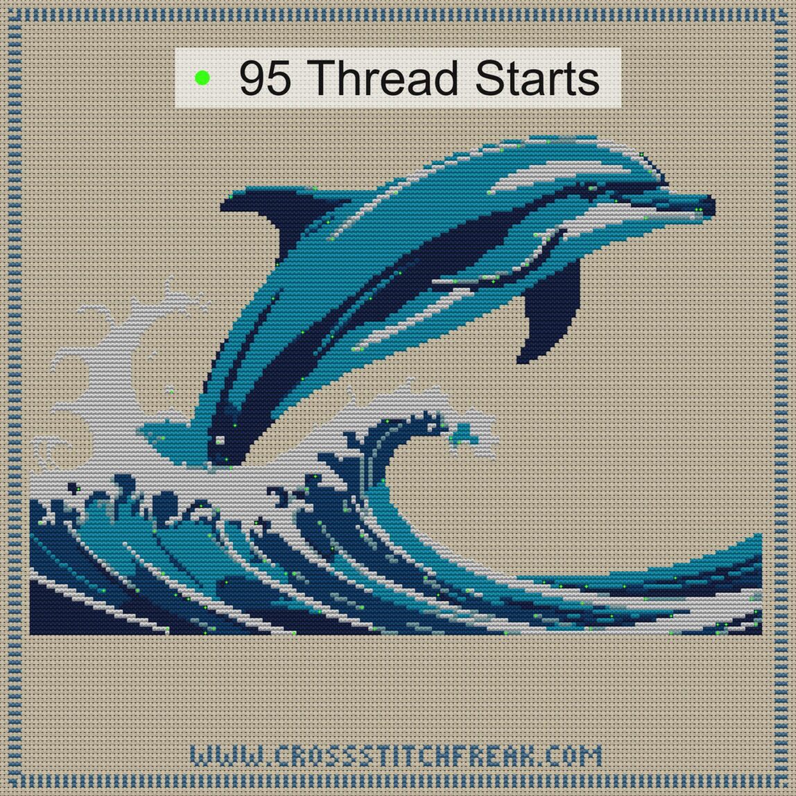 dolphin-jumping-over-wave cross stitch start point map with highlighted thread start positions in the full design