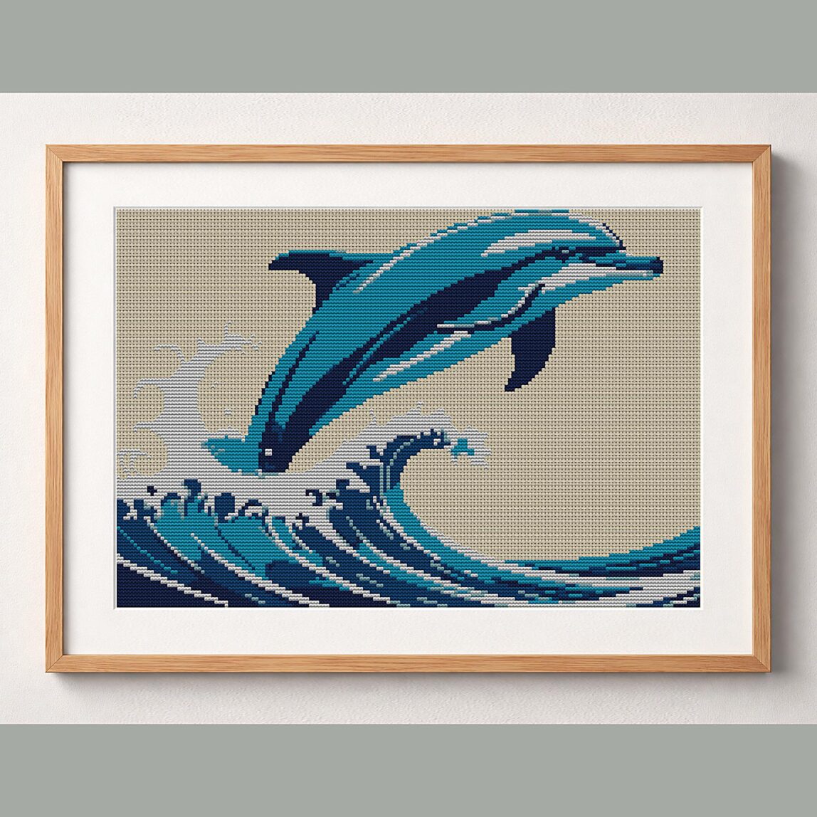 dolphin-jumping-over-wave framed cross stitch mockup, realistic finished embroidery design, PDF pattern digital download