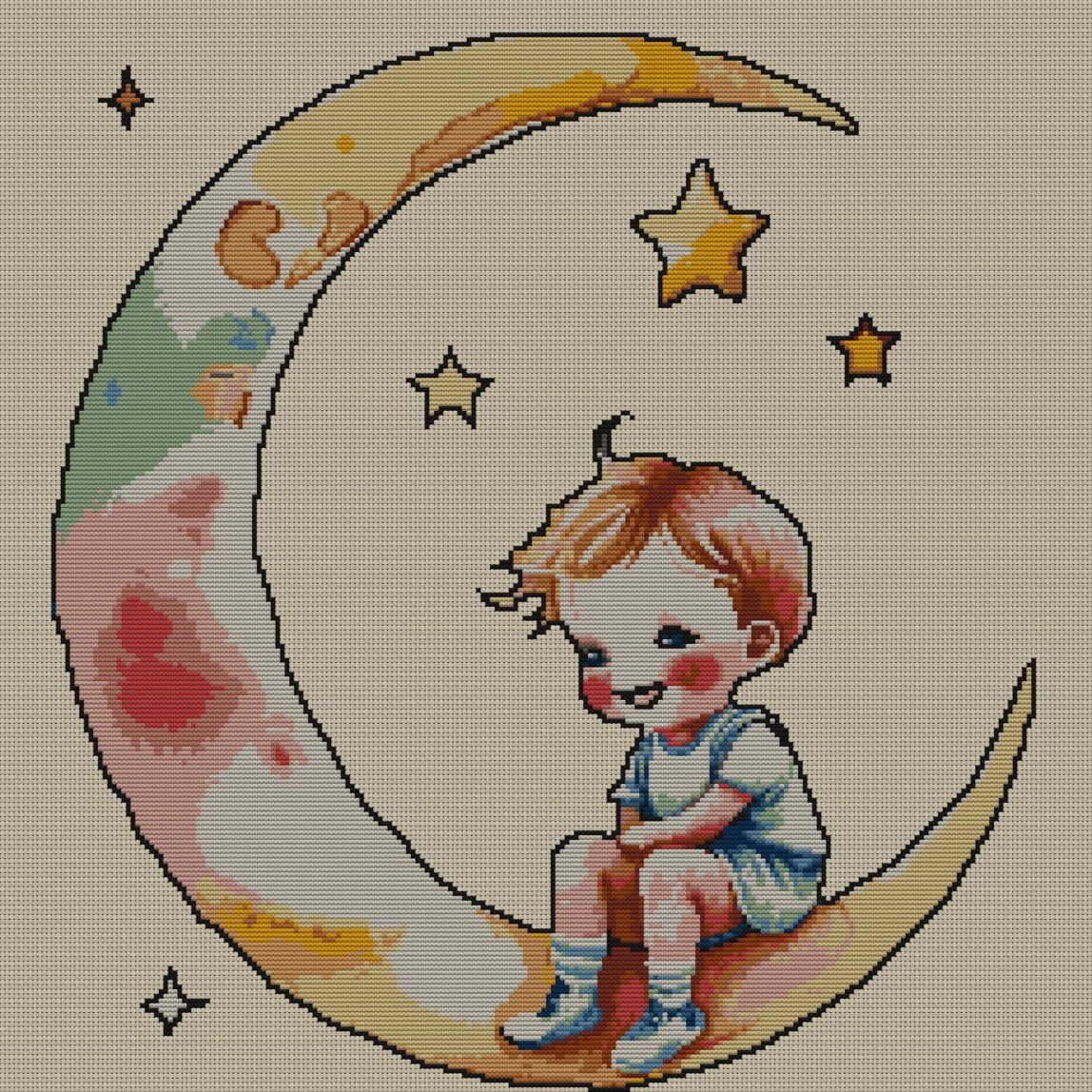 key-hanging-from-moon full cross stitch design mockup without frame, realistic embroidery preview