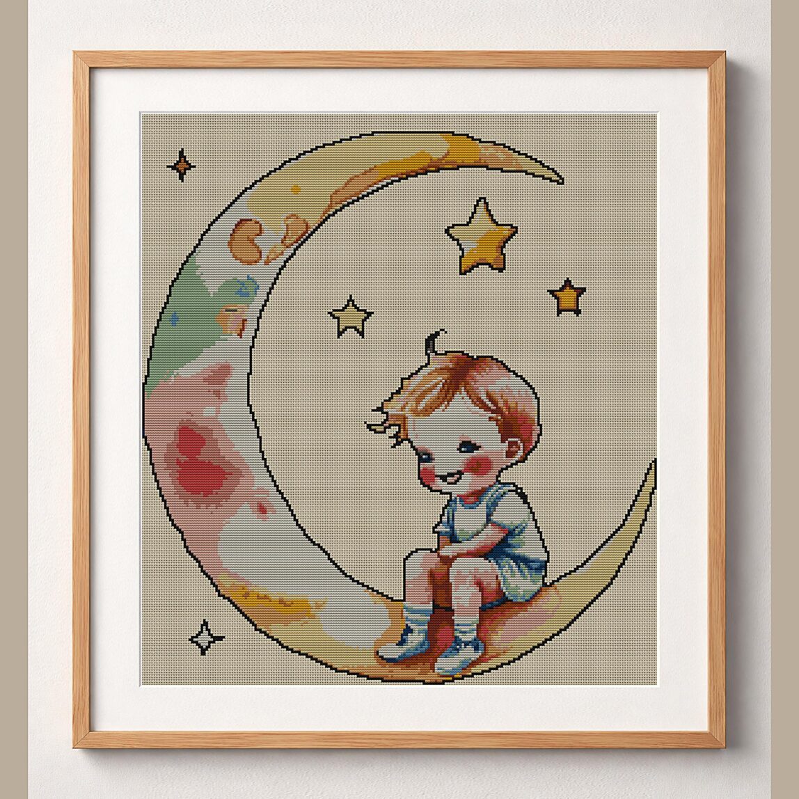 key-hanging-from-moon framed cross stitch mockup, realistic finished embroidery design, PDF pattern digital download