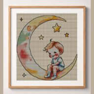 key-hanging-from-moon framed cross stitch mockup, realistic finished embroidery design, PDF pattern digital download