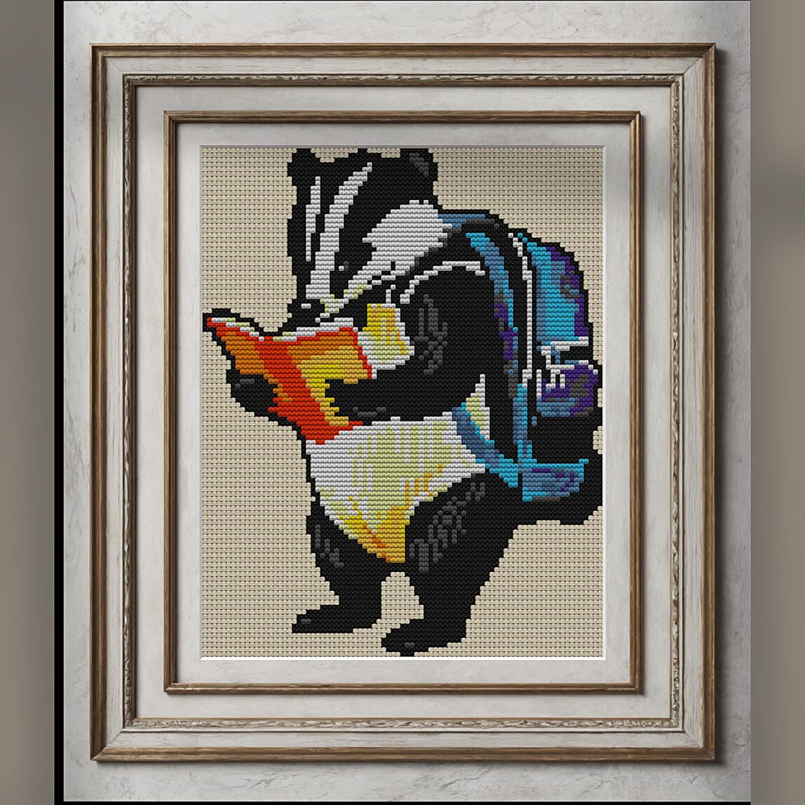 badger-reading-map alternative framed cross stitch mockup, realistic finished embroidery presentation