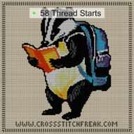badger-reading-map cross stitch start point map with highlighted thread start positions in the full design