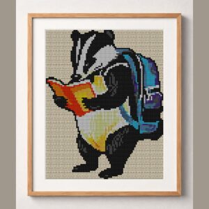 badger-reading-map framed cross stitch mockup, realistic finished embroidery design, PDF pattern digital download