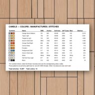 candle thread color chart with DMC, Anchor, Sullivans, J&P Coats and Maxi color references