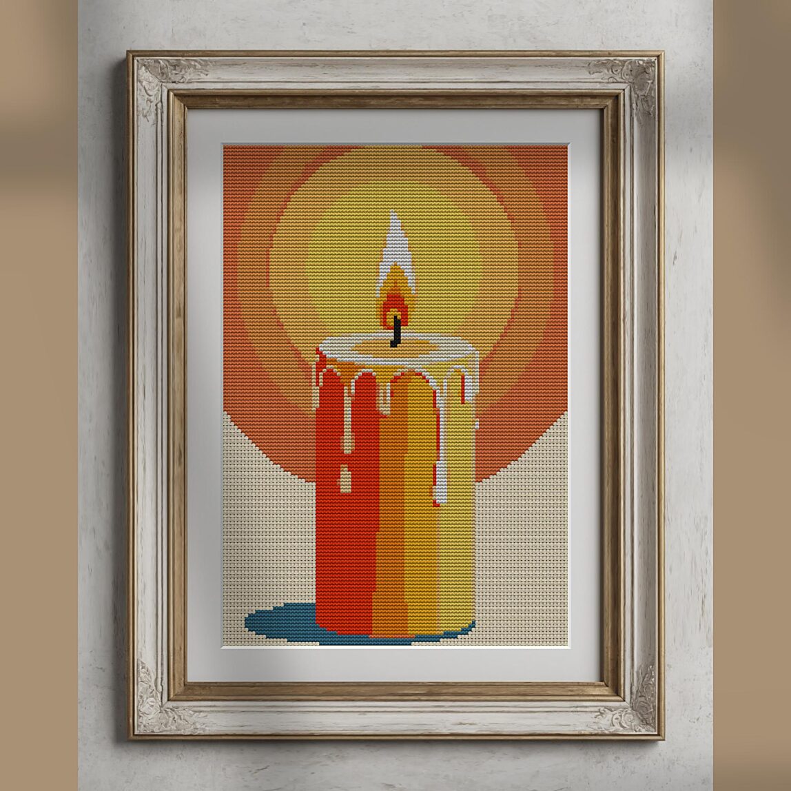 candle alternative framed cross stitch mockup, realistic finished embroidery presentation