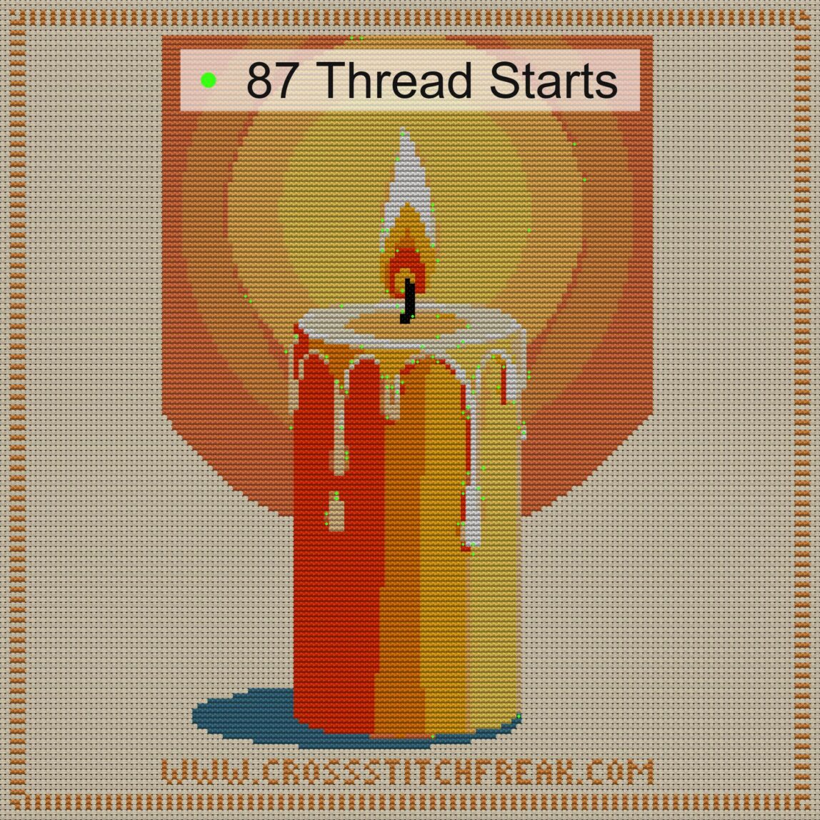 candle cross stitch start point map with highlighted thread start positions in the full design