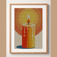 candle framed cross stitch mockup, realistic finished embroidery design, PDF pattern digital download