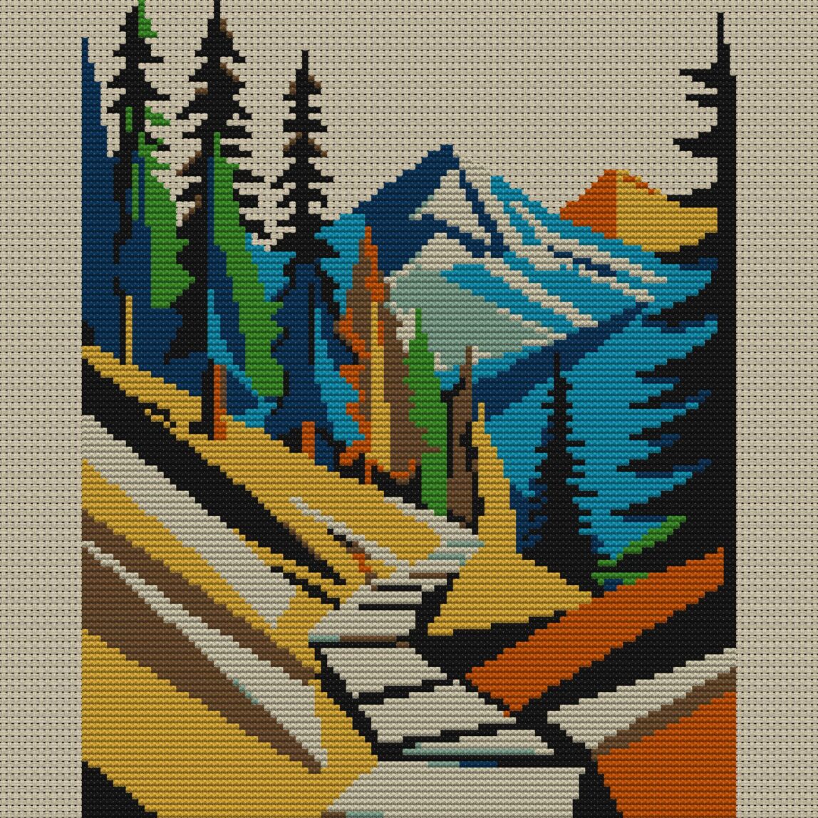 mountain-path full cross stitch design mockup without frame, realistic embroidery preview