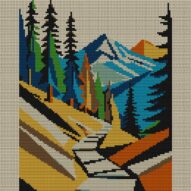 mountain-path full cross stitch design mockup without frame, realistic embroidery preview