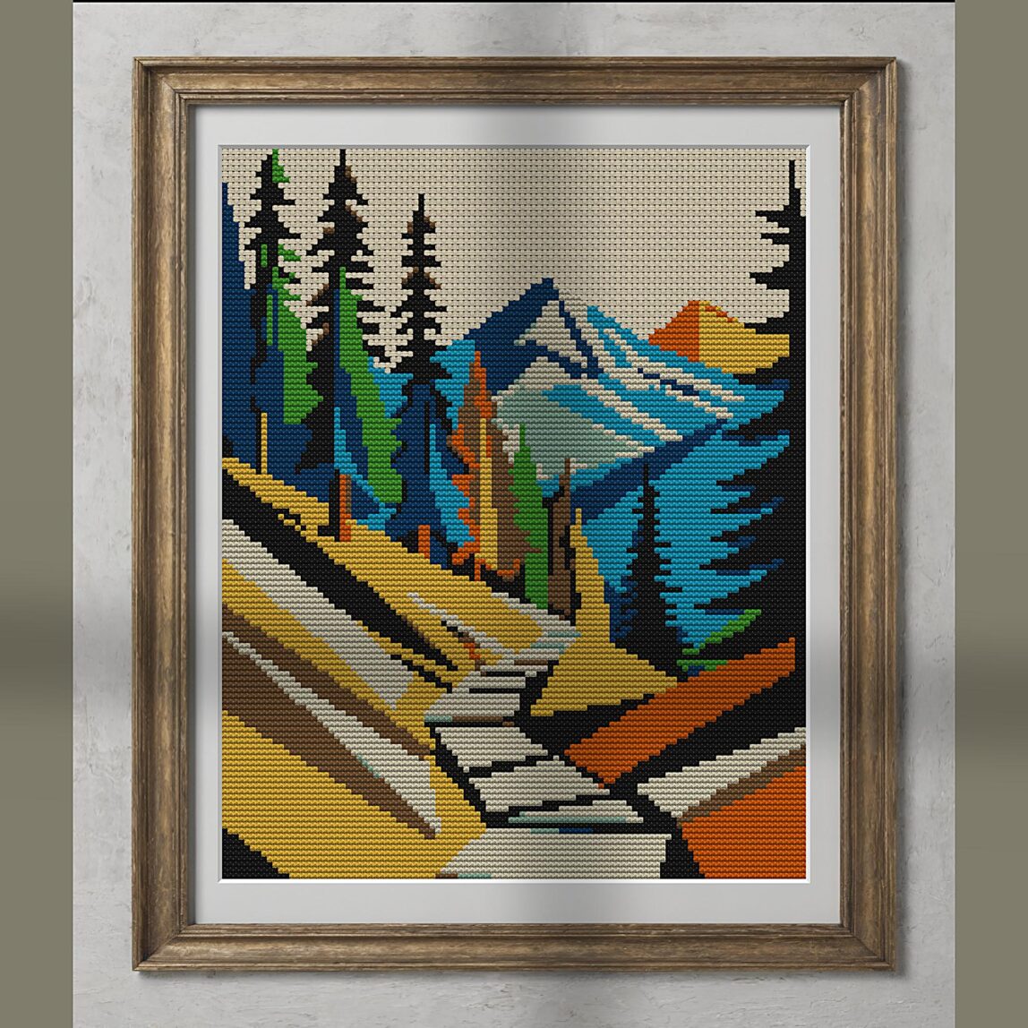 mountain-path alternative framed cross stitch mockup, realistic finished embroidery presentation