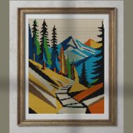 mountain-path alternative framed cross stitch mockup, realistic finished embroidery presentation