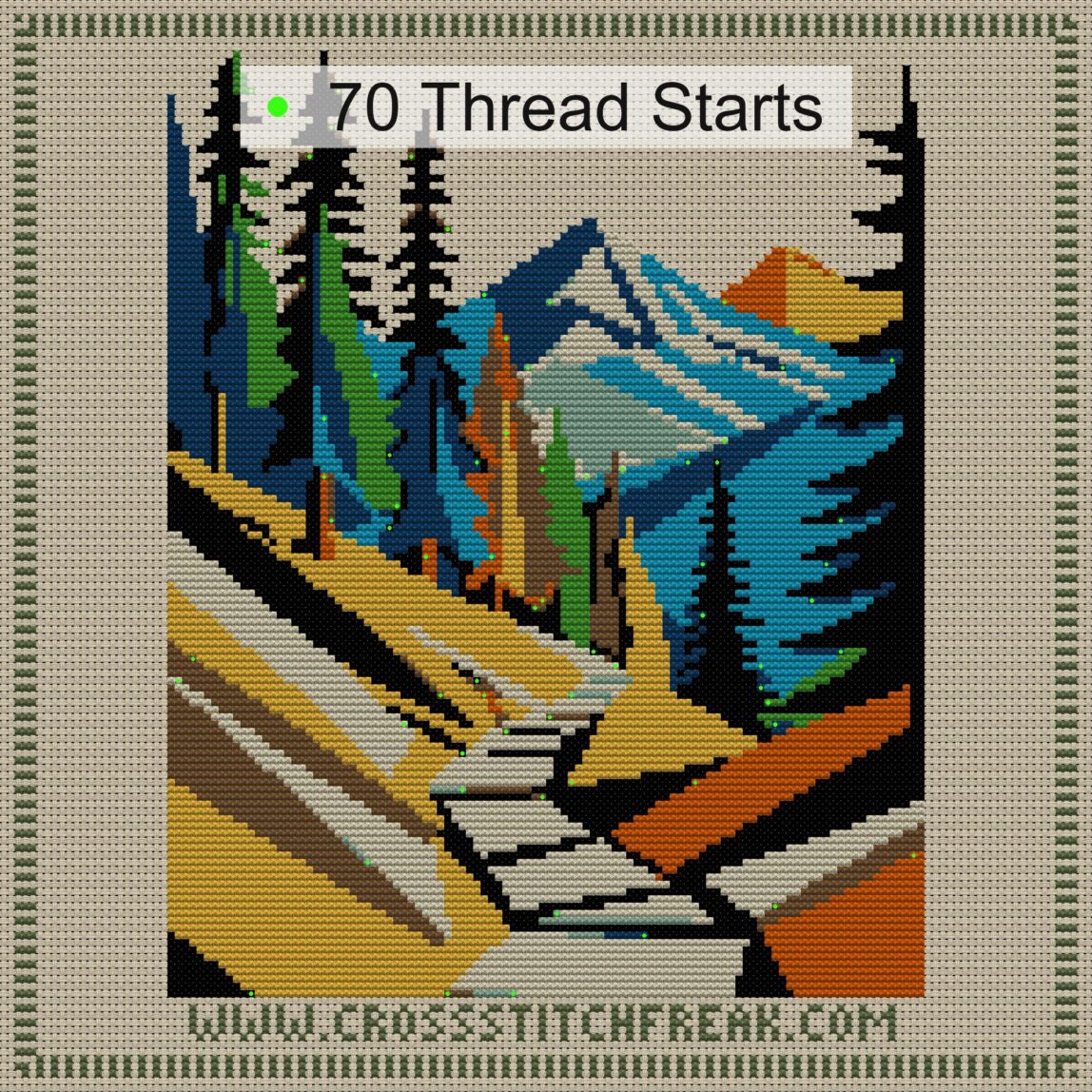 mountain-path cross stitch start point map with highlighted thread start positions in the full design