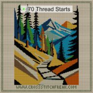 mountain-path cross stitch start point map with highlighted thread start positions in the full design