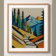 mountain-path framed cross stitch mockup, realistic finished embroidery design, PDF pattern digital download