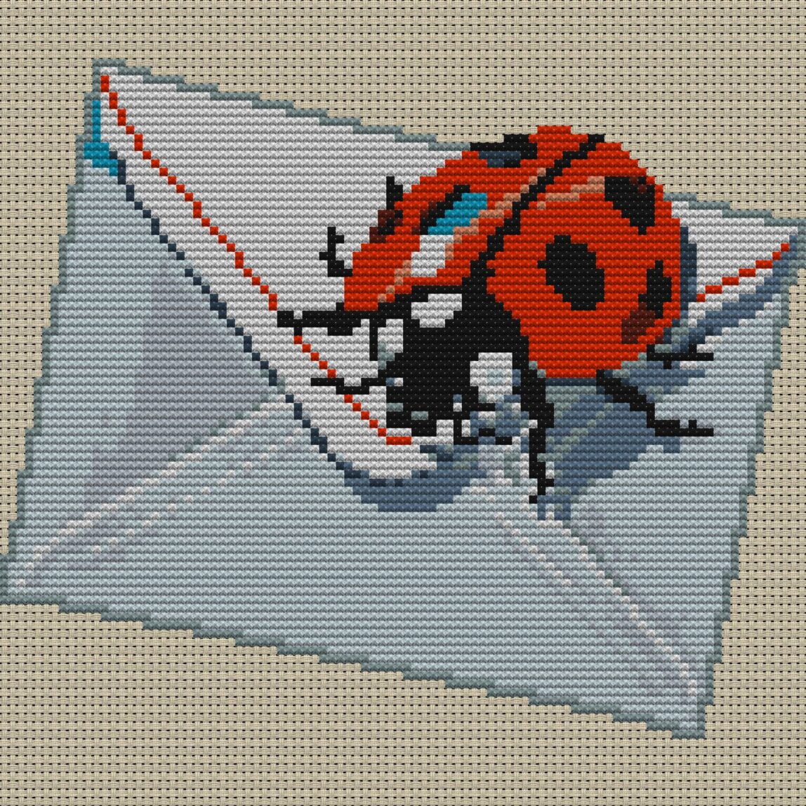 ladybug-reading-letter full cross stitch design mockup without frame, realistic embroidery preview