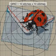 ladybug-reading-letter close-up cross stitch detail showing color changes, confetti areas and stitch texture