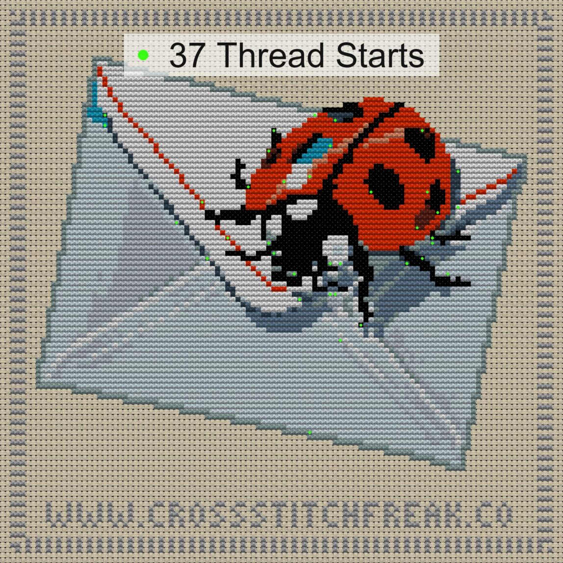 ladybug-reading-letter cross stitch start point map with highlighted thread start positions in the full design