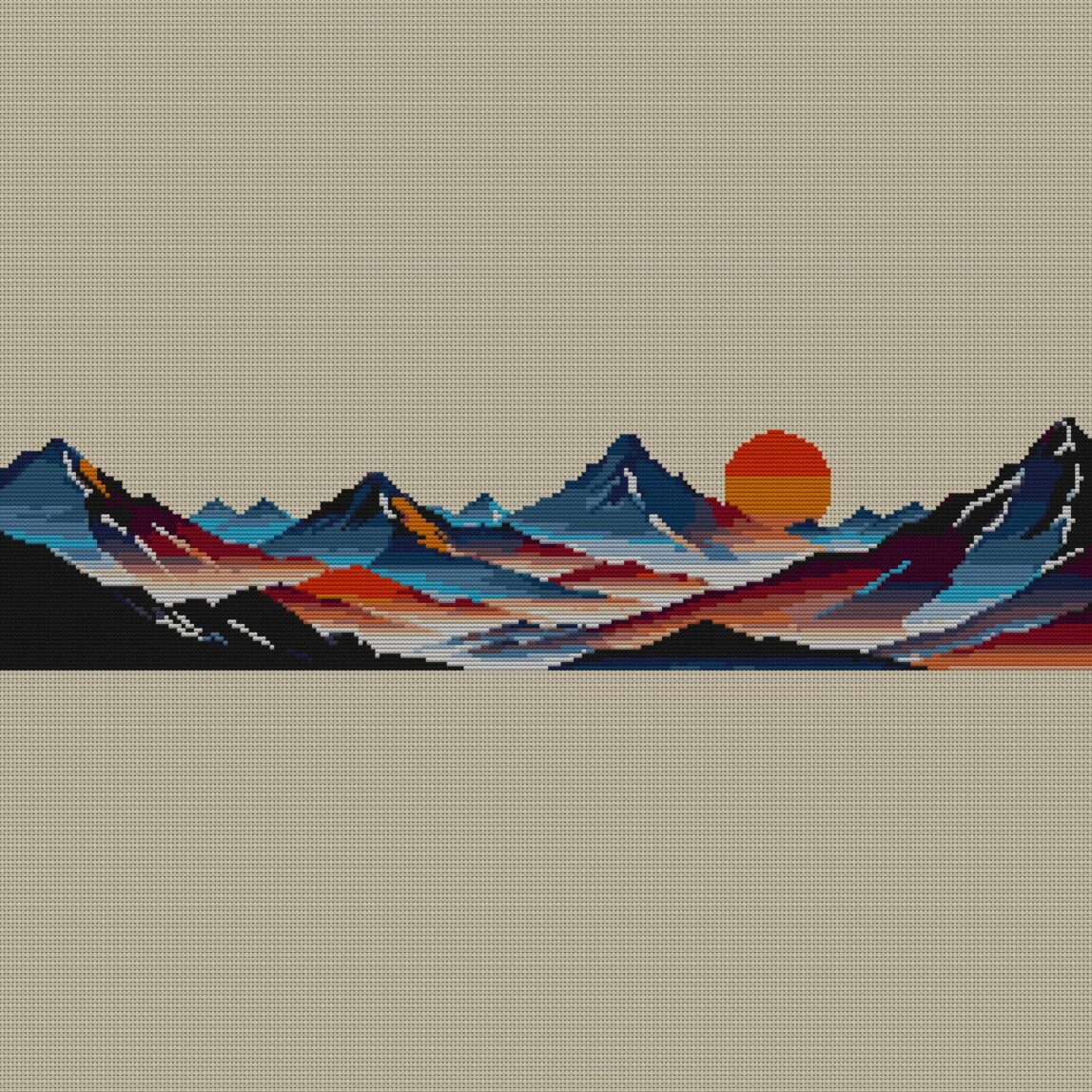 mountain-range full cross stitch design mockup without frame, realistic embroidery preview