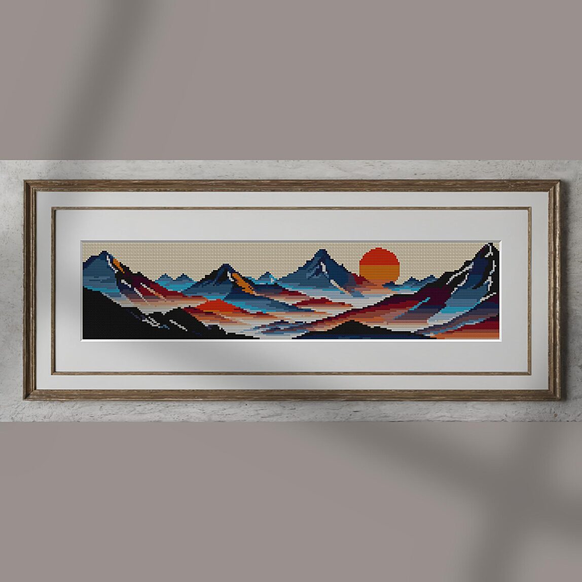 mountain-range alternative framed cross stitch mockup, realistic finished embroidery presentation