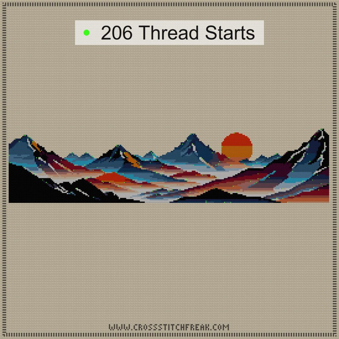 mountain-range cross stitch start point map with highlighted thread start positions in the full design