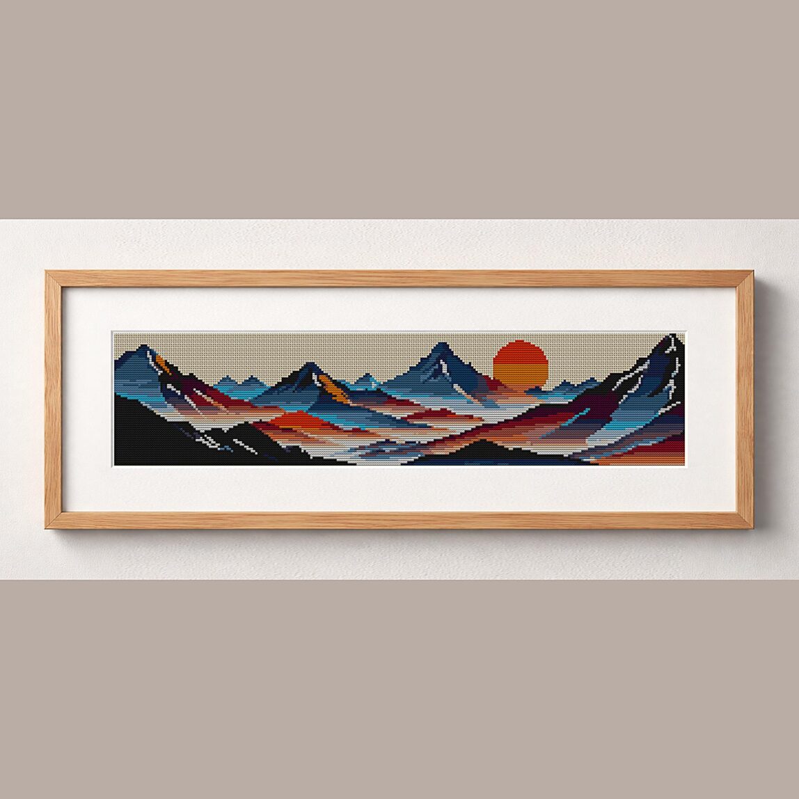 mountain-range framed cross stitch mockup, realistic finished embroidery design, PDF pattern digital download
