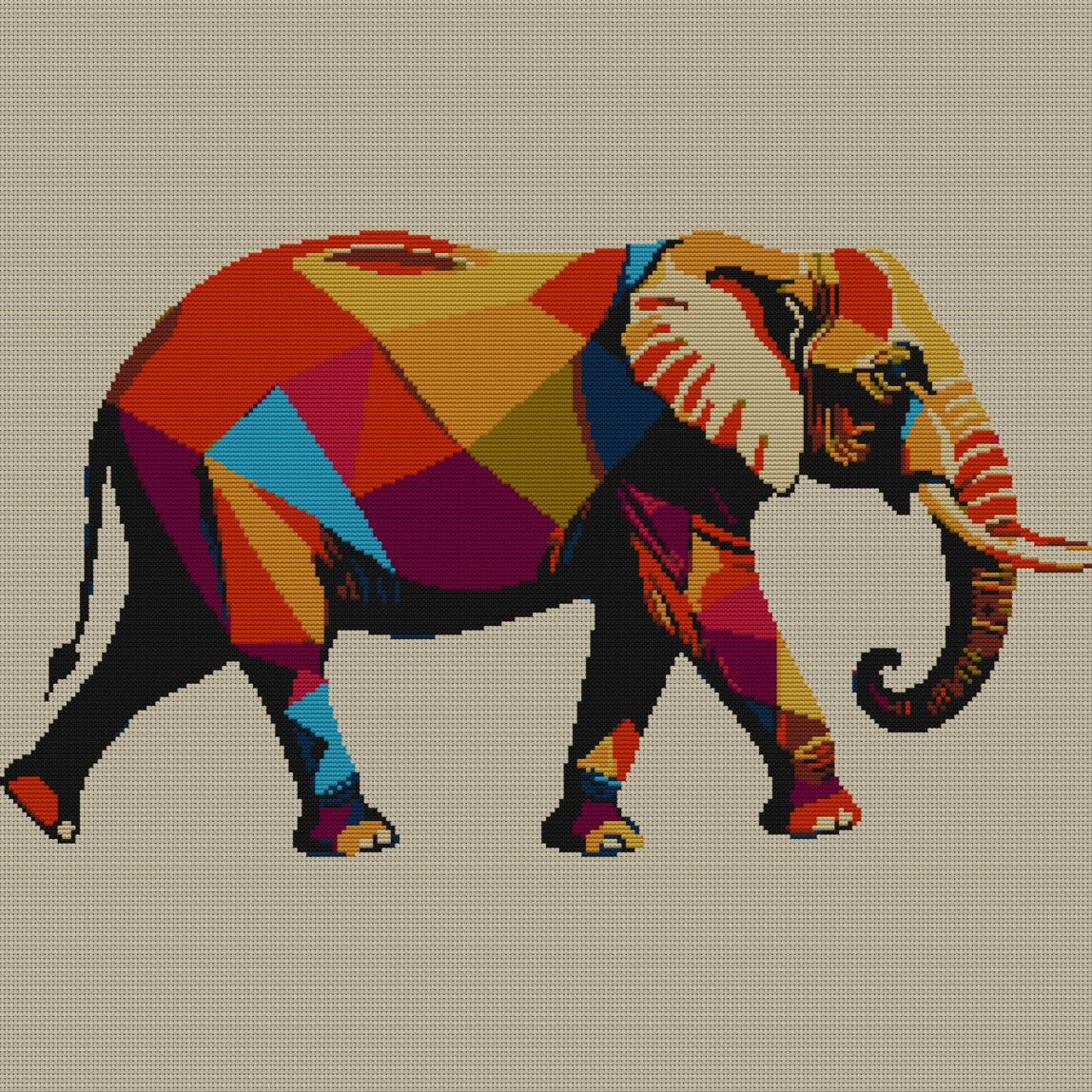 elephant-with-raised-trun full cross stitch design mockup without frame, realistic embroidery preview