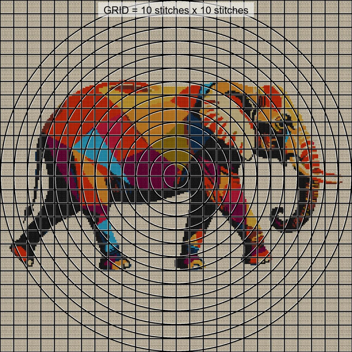 elephant-with-raised-trun close-up cross stitch detail showing color changes, confetti areas and stitch texture