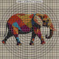 elephant-with-raised-trun close-up cross stitch detail showing color changes, confetti areas and stitch texture