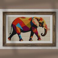elephant-with-raised-trun alternative framed cross stitch mockup, realistic finished embroidery presentation