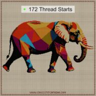 elephant-with-raised-trun cross stitch start point map with highlighted thread start positions in the full design