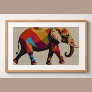 elephant-with-raised-trun framed cross stitch mockup, realistic finished embroidery design, PDF pattern digital download
