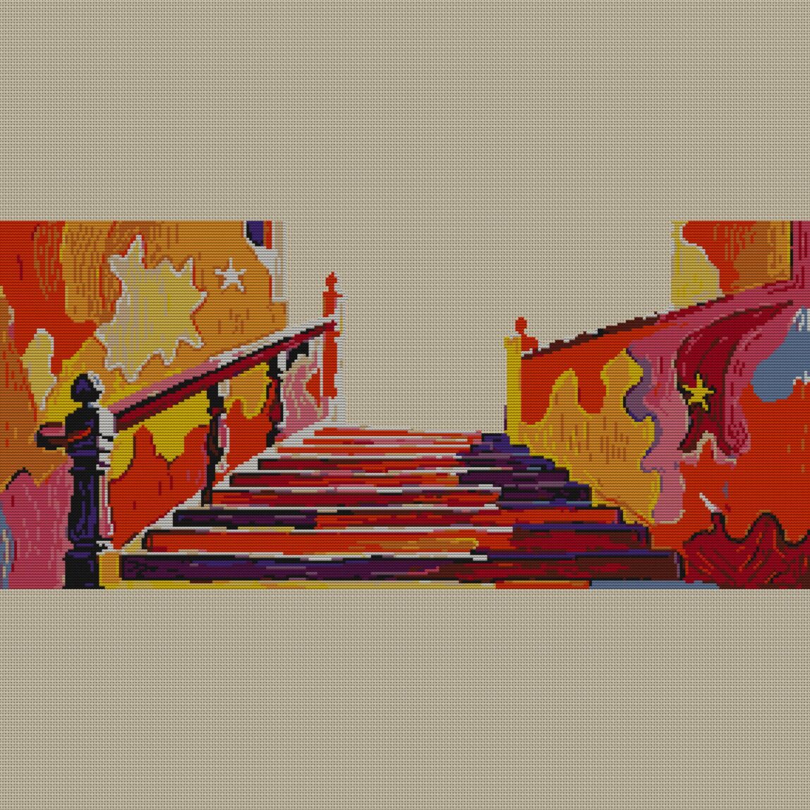 staircase-to-stars full cross stitch design mockup without frame, realistic embroidery preview