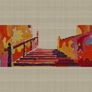 staircase-to-stars full cross stitch design mockup without frame, realistic embroidery preview