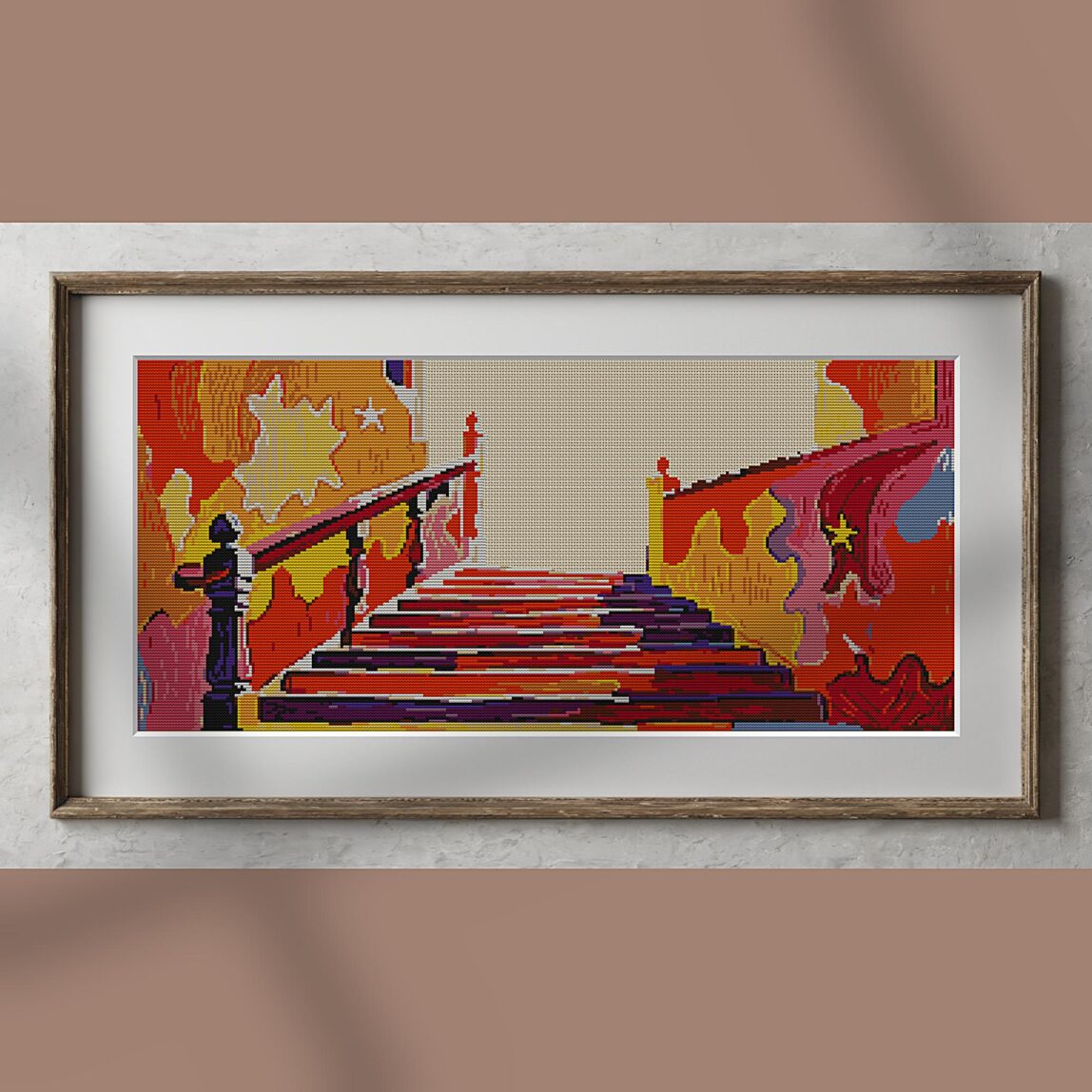 staircase-to-stars alternative framed cross stitch mockup, realistic finished embroidery presentation