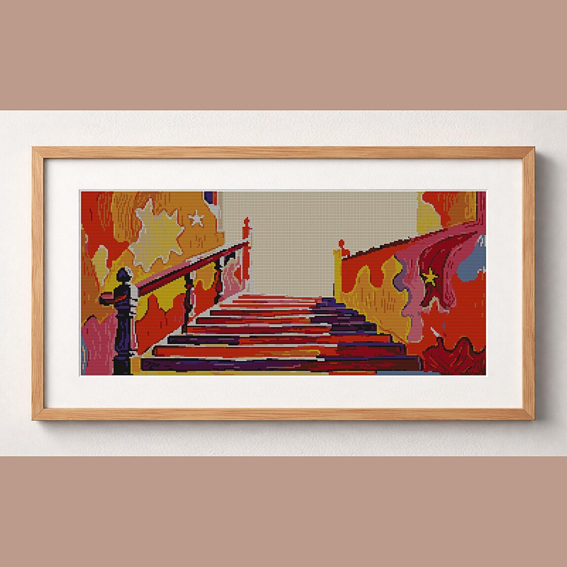 staircase-to-stars framed cross stitch mockup, realistic finished embroidery design, PDF pattern digital download