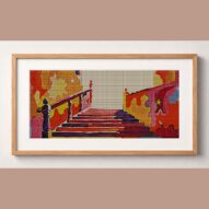 staircase-to-stars framed cross stitch mockup, realistic finished embroidery design, PDF pattern digital download