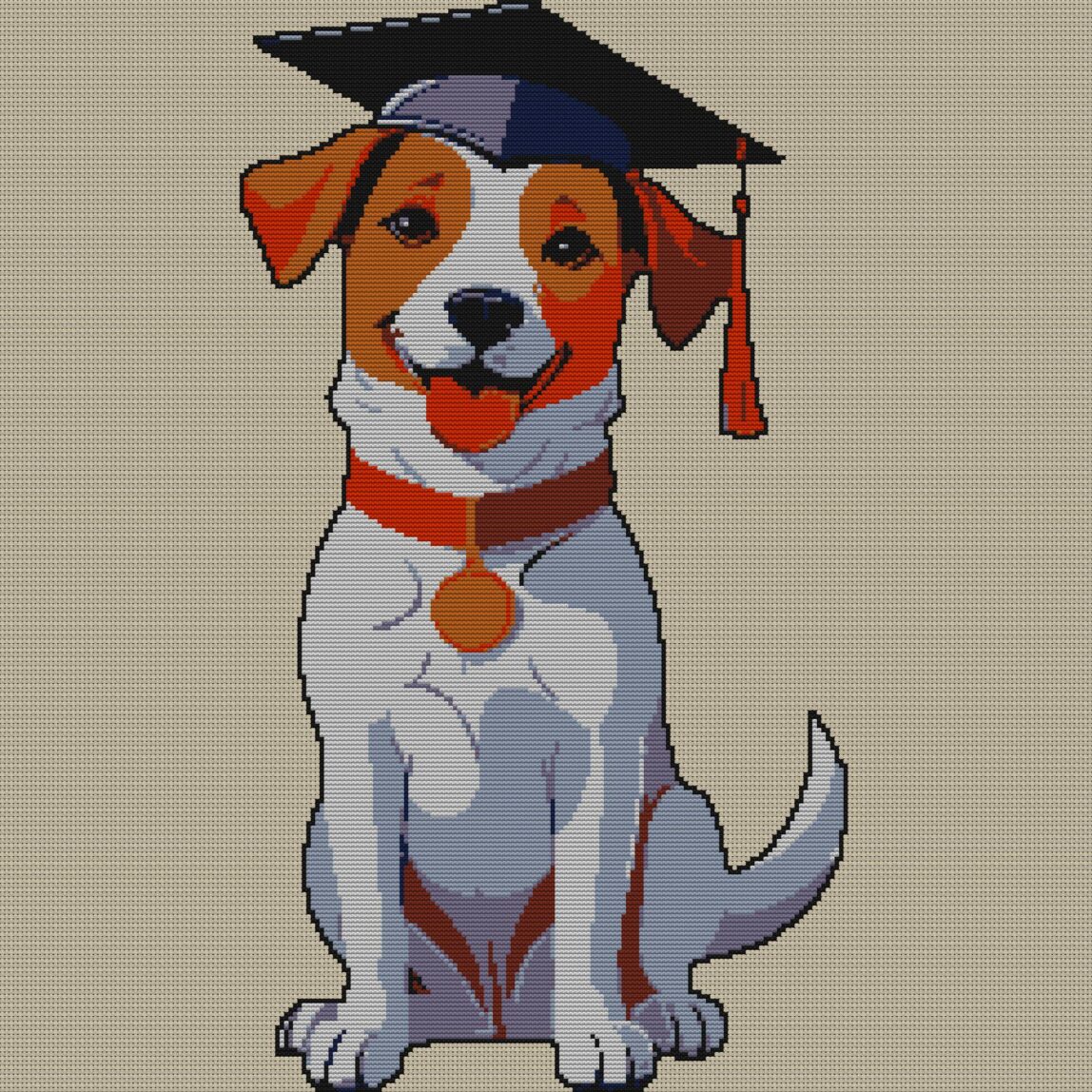 graduate-dog-with-cap full design mockup without frame graduate-dog-with-cap full cross stitch design mockup without frame, realistic embroidery preview