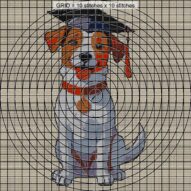 graduate-dog-with-cap close-up cross stitch detail showing color changes, confetti areas and stitch texture