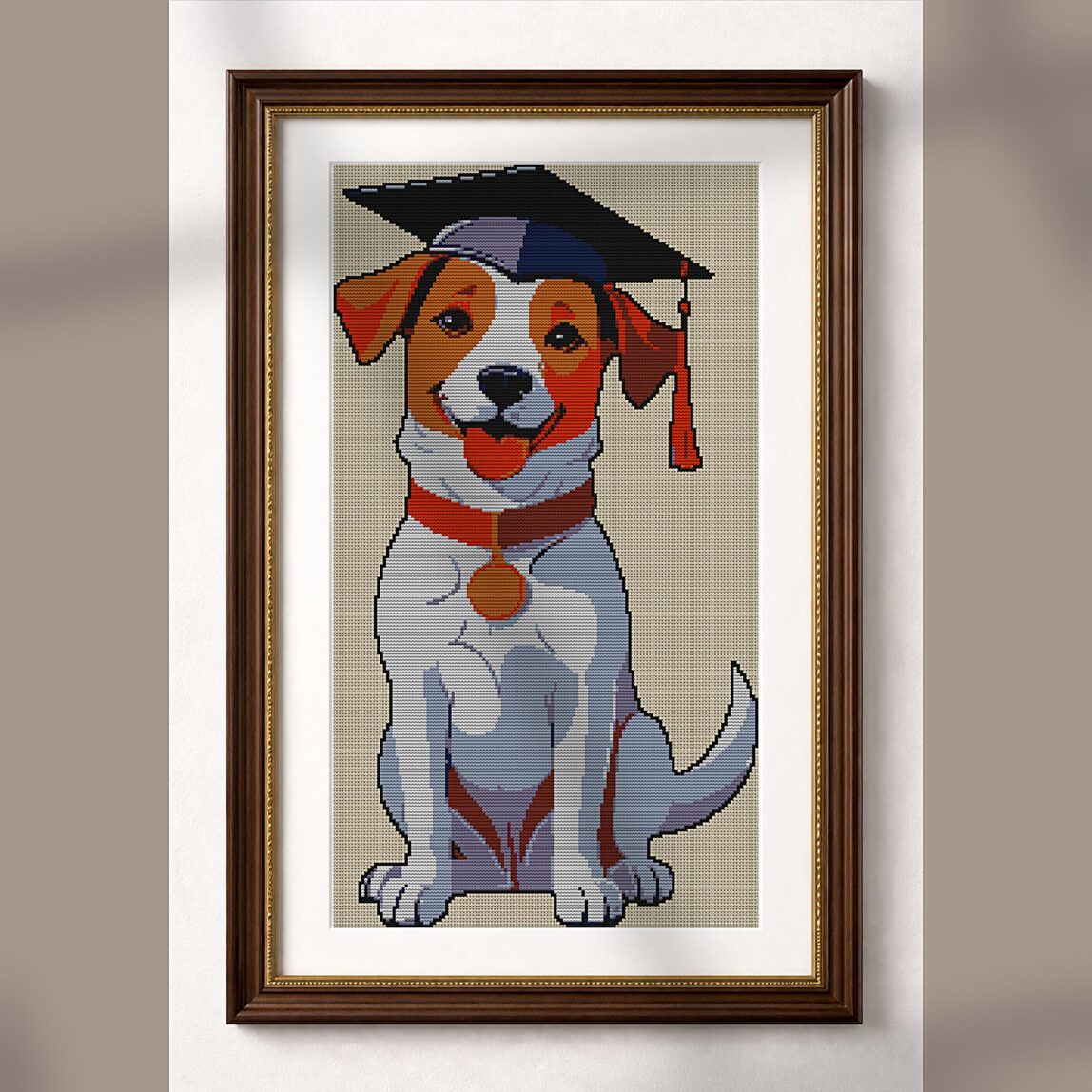 graduate-dog-with-cap alternative framed mockup graduate-dog-with-cap alternative framed cross stitch mockup, realistic finished embroidery presentation