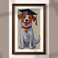 graduate-dog-with-cap alternative framed cross stitch mockup, realistic finished embroidery presentation