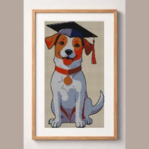 graduate-dog-with-cap framed cross stitch mockup, realistic finished embroidery design, PDF pattern digital download