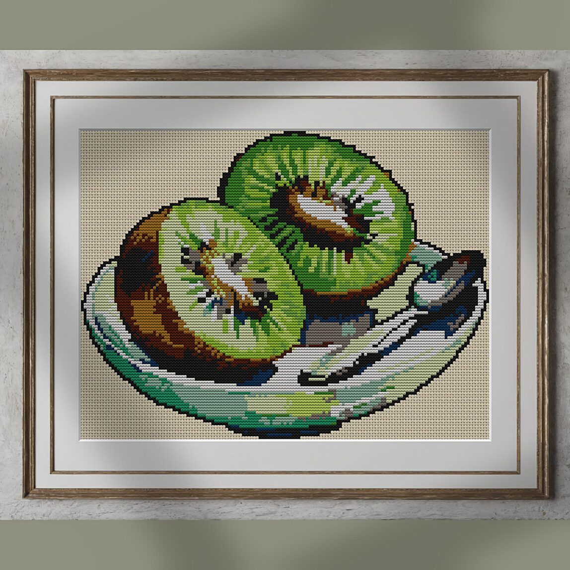 kiwi-halves alternative framed mockup kiwi-halves alternative framed cross stitch mockup, realistic finished embroidery presentation