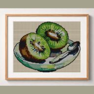 kiwi-halves framed cross stitch mockup, realistic finished embroidery design, PDF pattern digital download