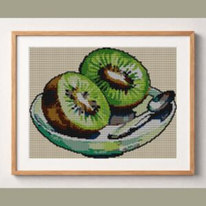 kiwi-halves framed cross stitch mockup, realistic finished embroidery design, PDF pattern digital download