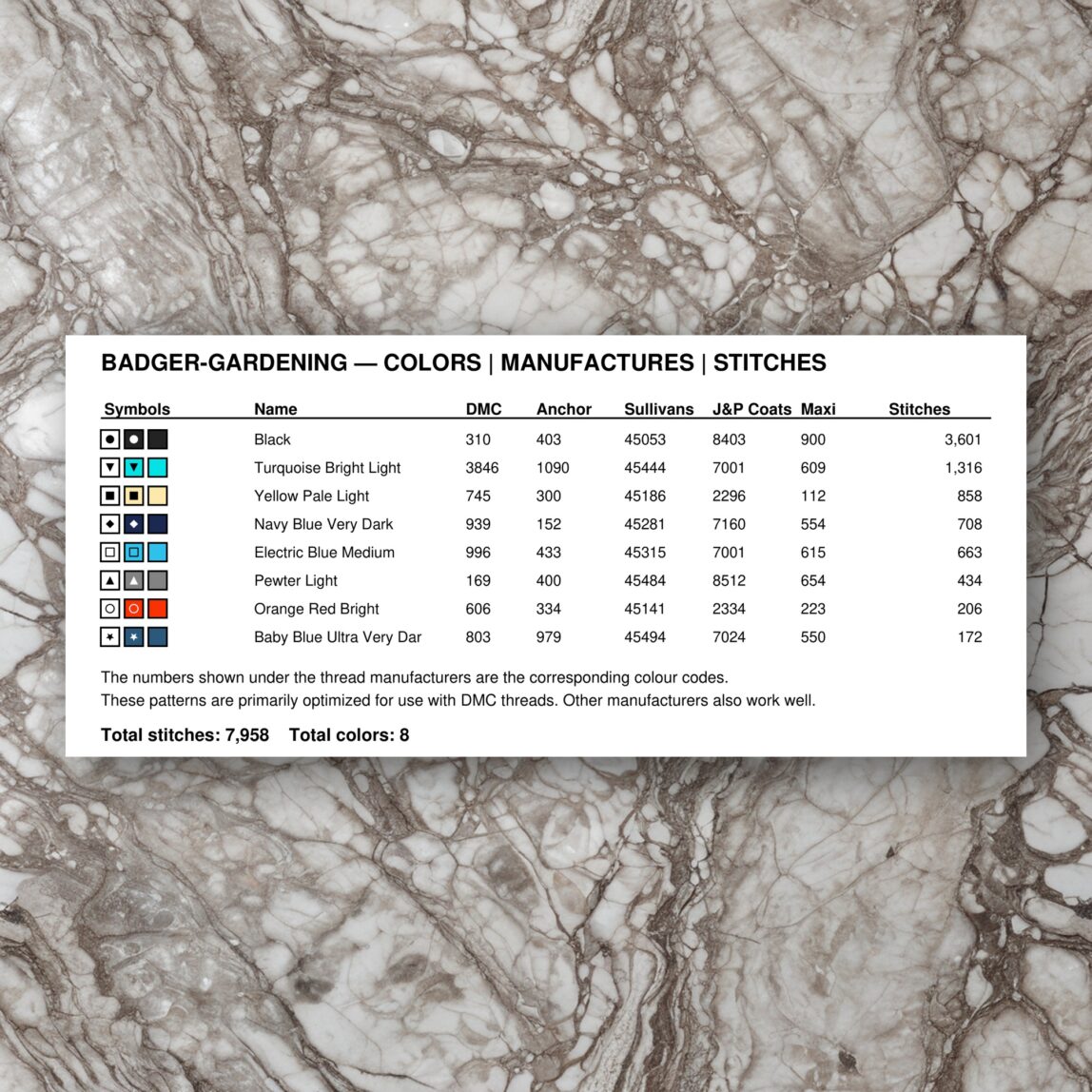 badger-gardening floss color chart badger-gardening thread color chart with DMC, Anchor, Sullivans, J&P Coats and Maxi color references