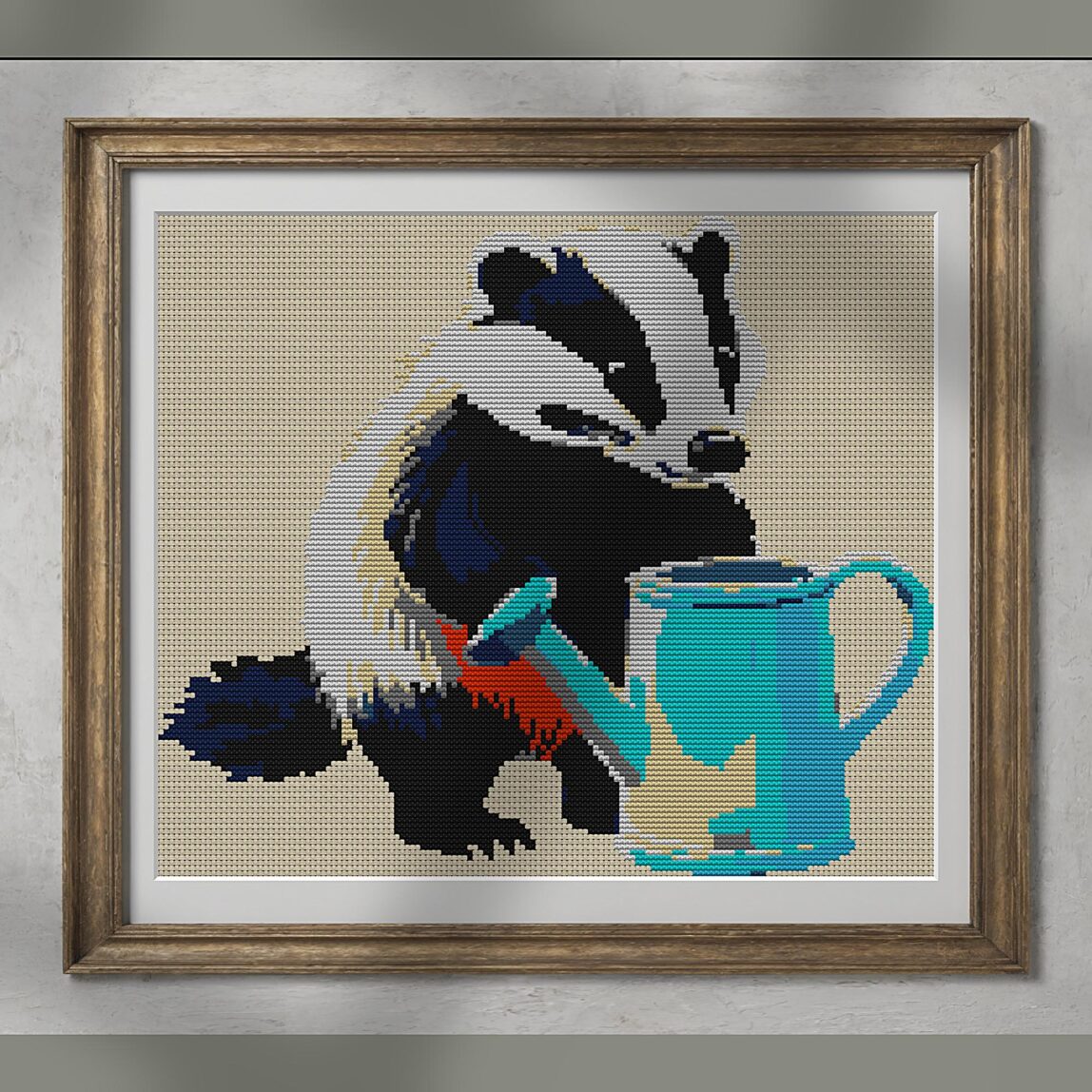 badger-gardening alternative framed mockup badger-gardening alternative framed cross stitch mockup, realistic finished embroidery presentation