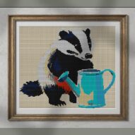 badger-gardening alternative framed cross stitch mockup, realistic finished embroidery presentation
