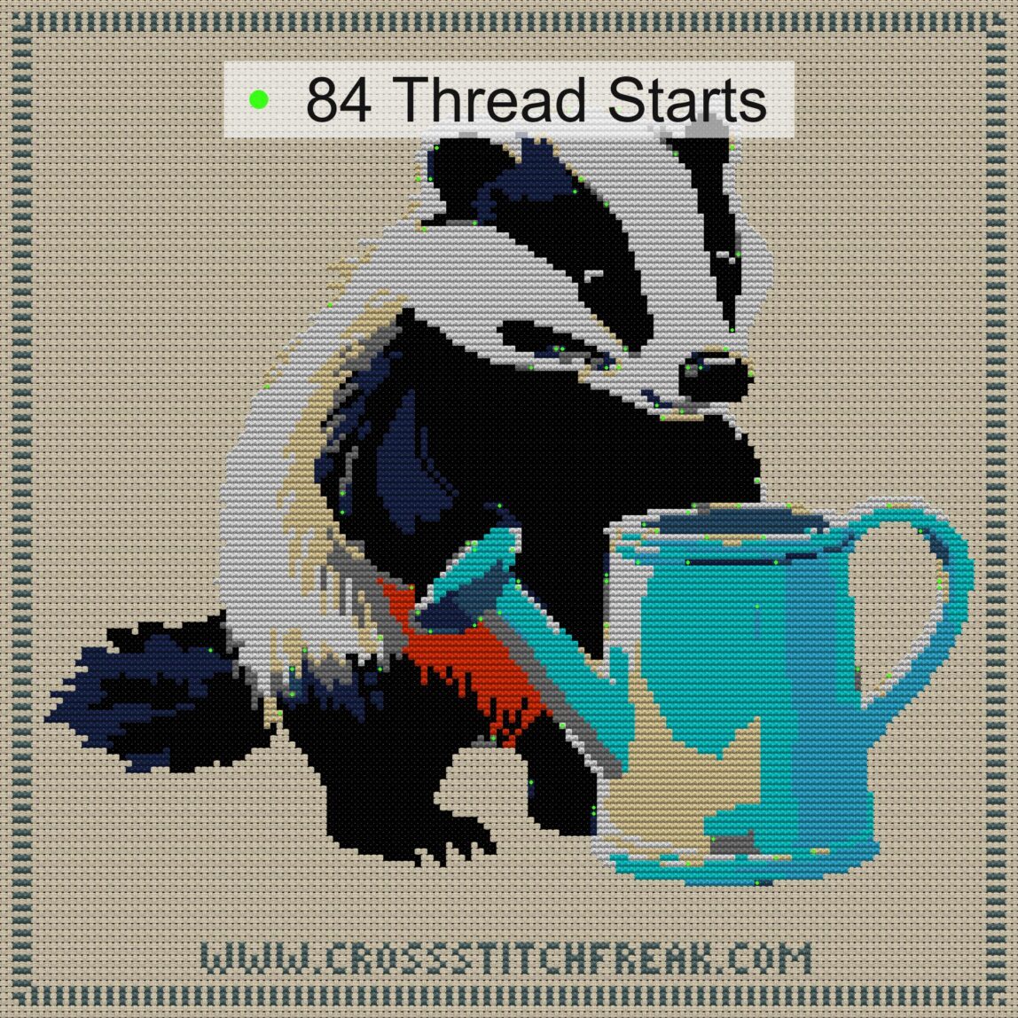 badger-gardening thread start point map badger-gardening cross stitch start point map with highlighted thread start positions in the full design